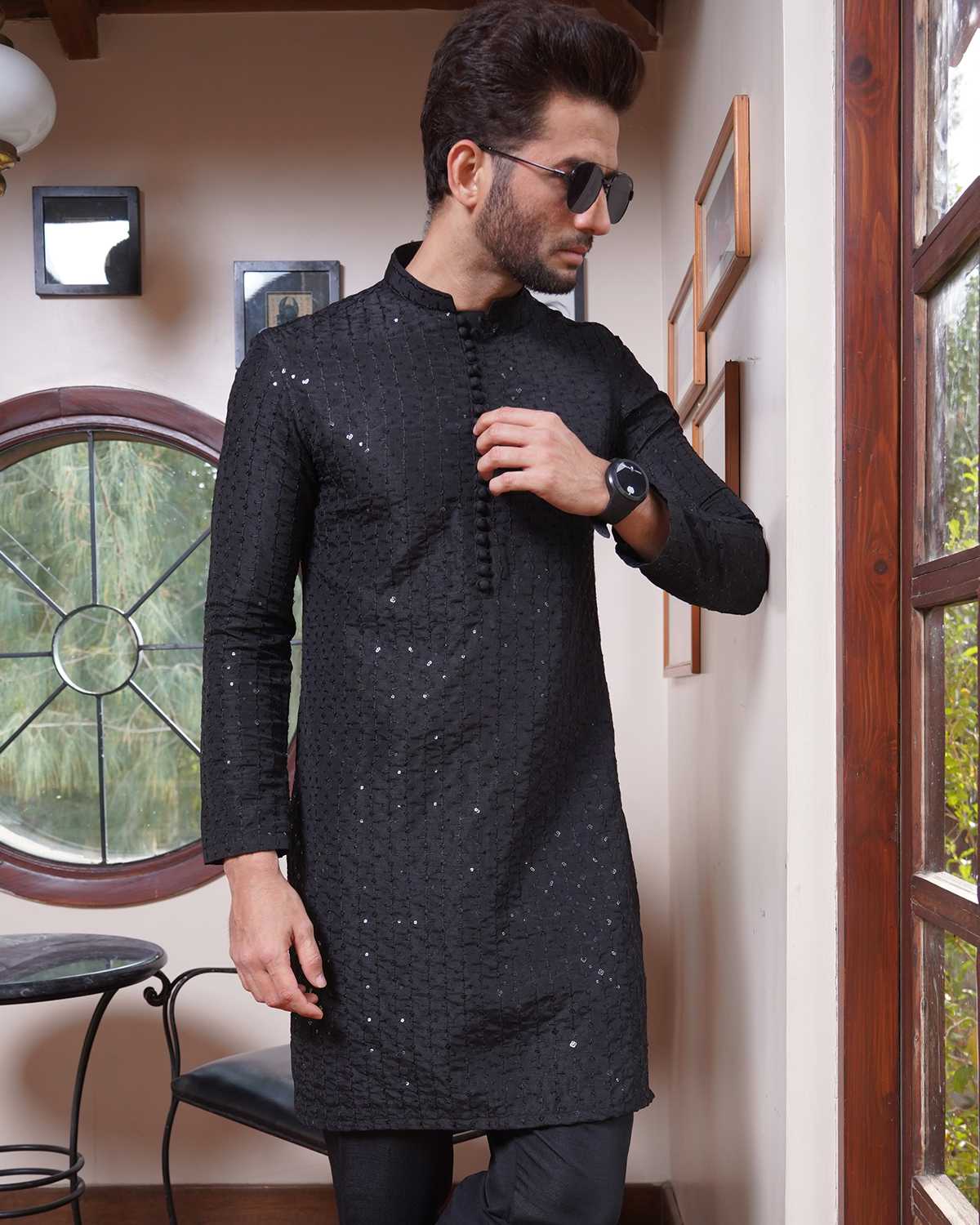 Black Raw silk Embroidered Kurta Pajama