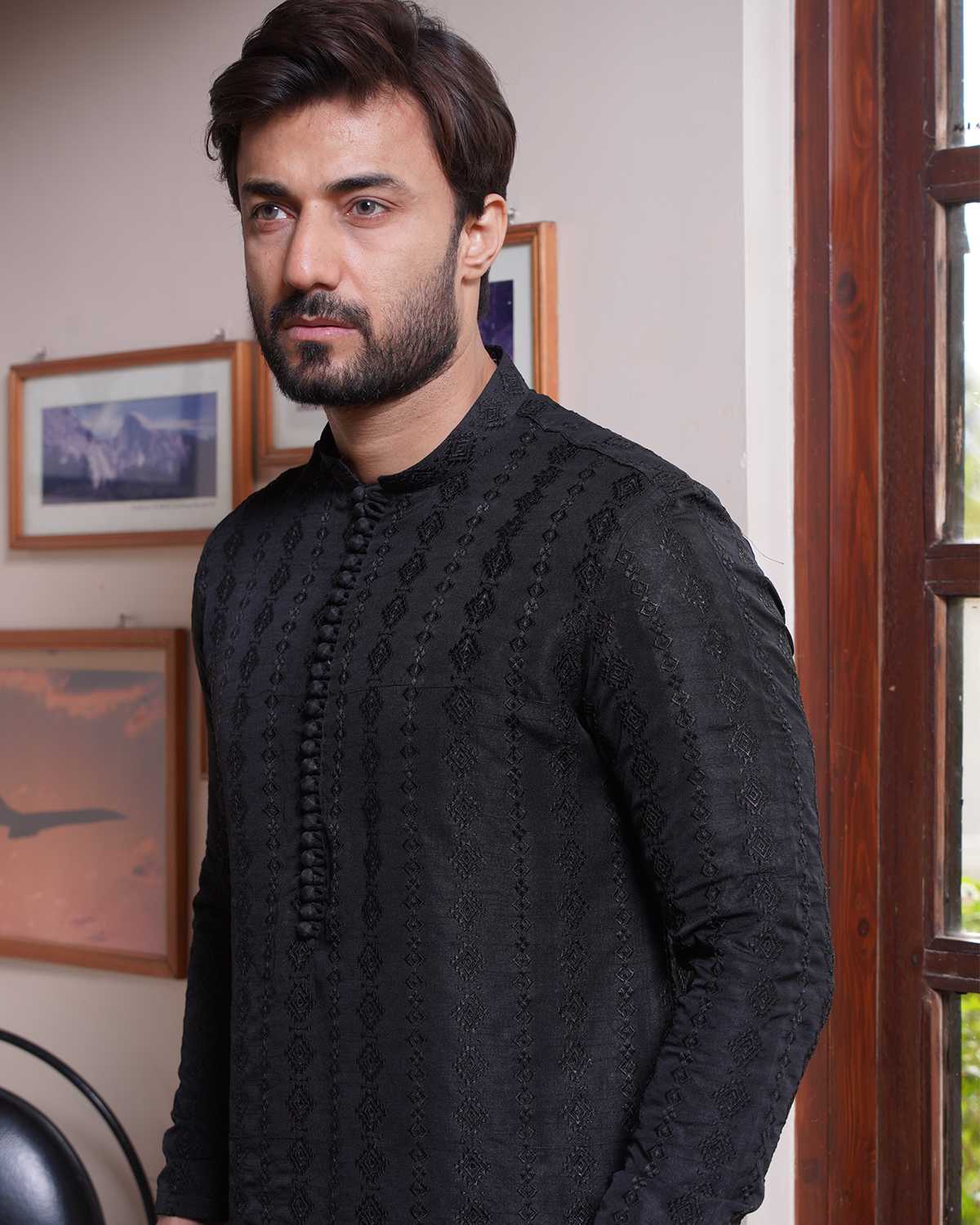 Black Raw silk Embroidered Kurta Pajama