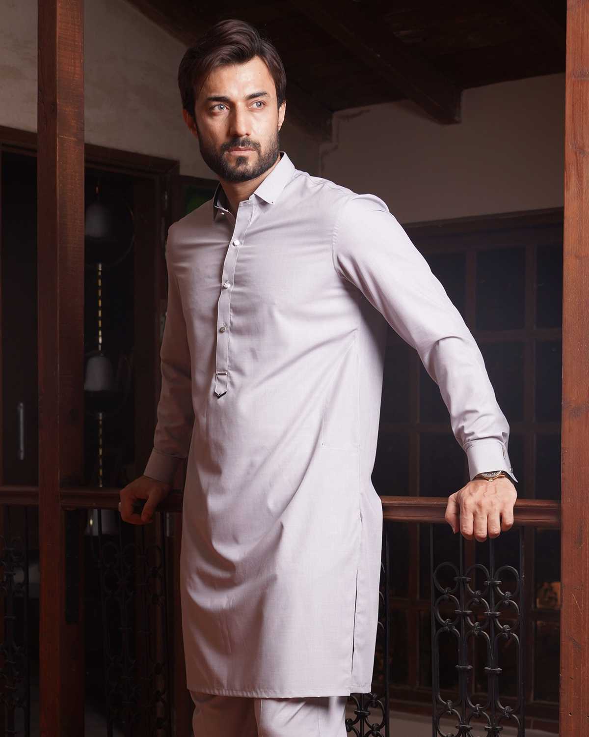 Ash Gray Cotton Shalwar Kameez by Crocfit Bespoke, Karachi