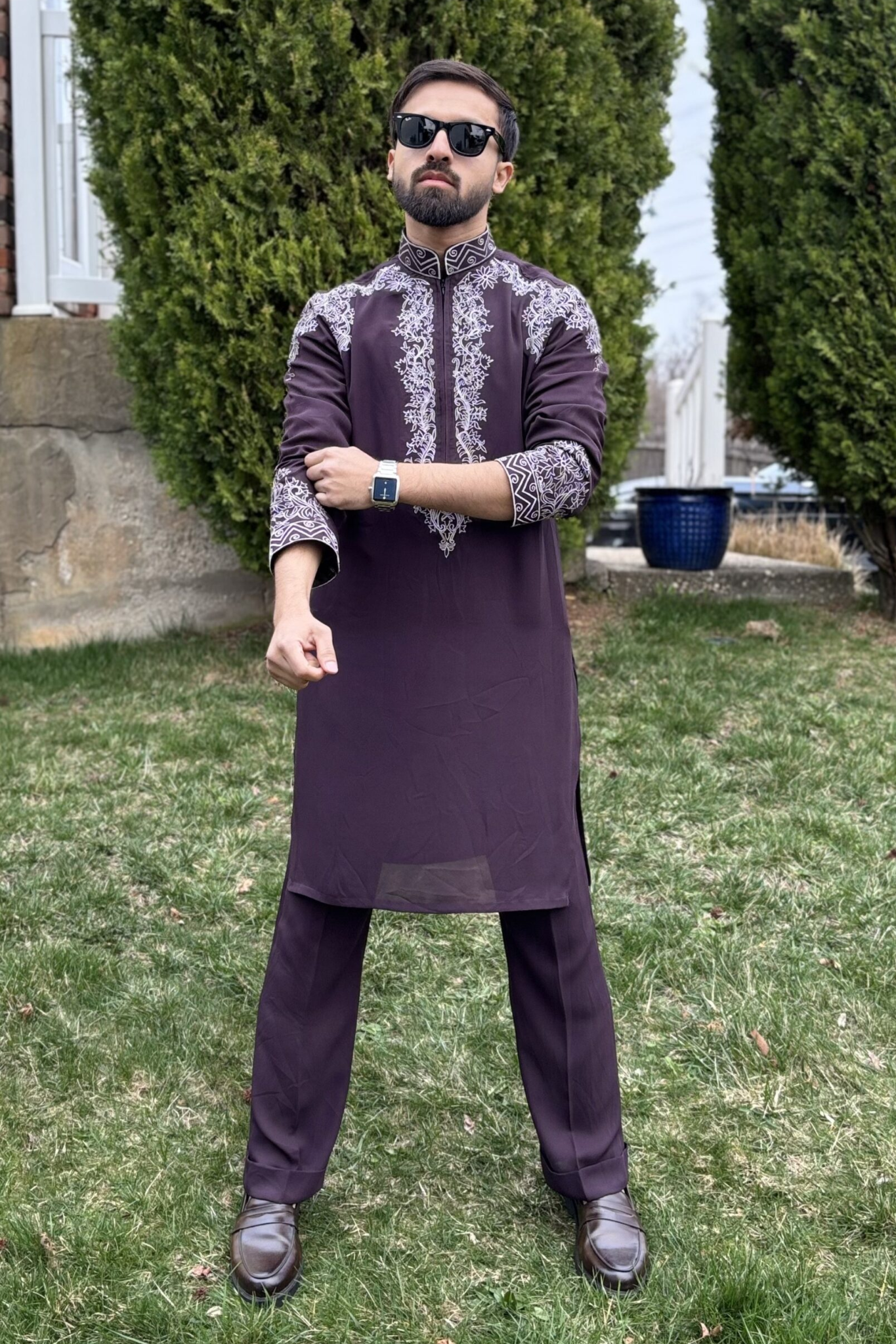 Deep Purple Neck Embroidered Kurta Pajama