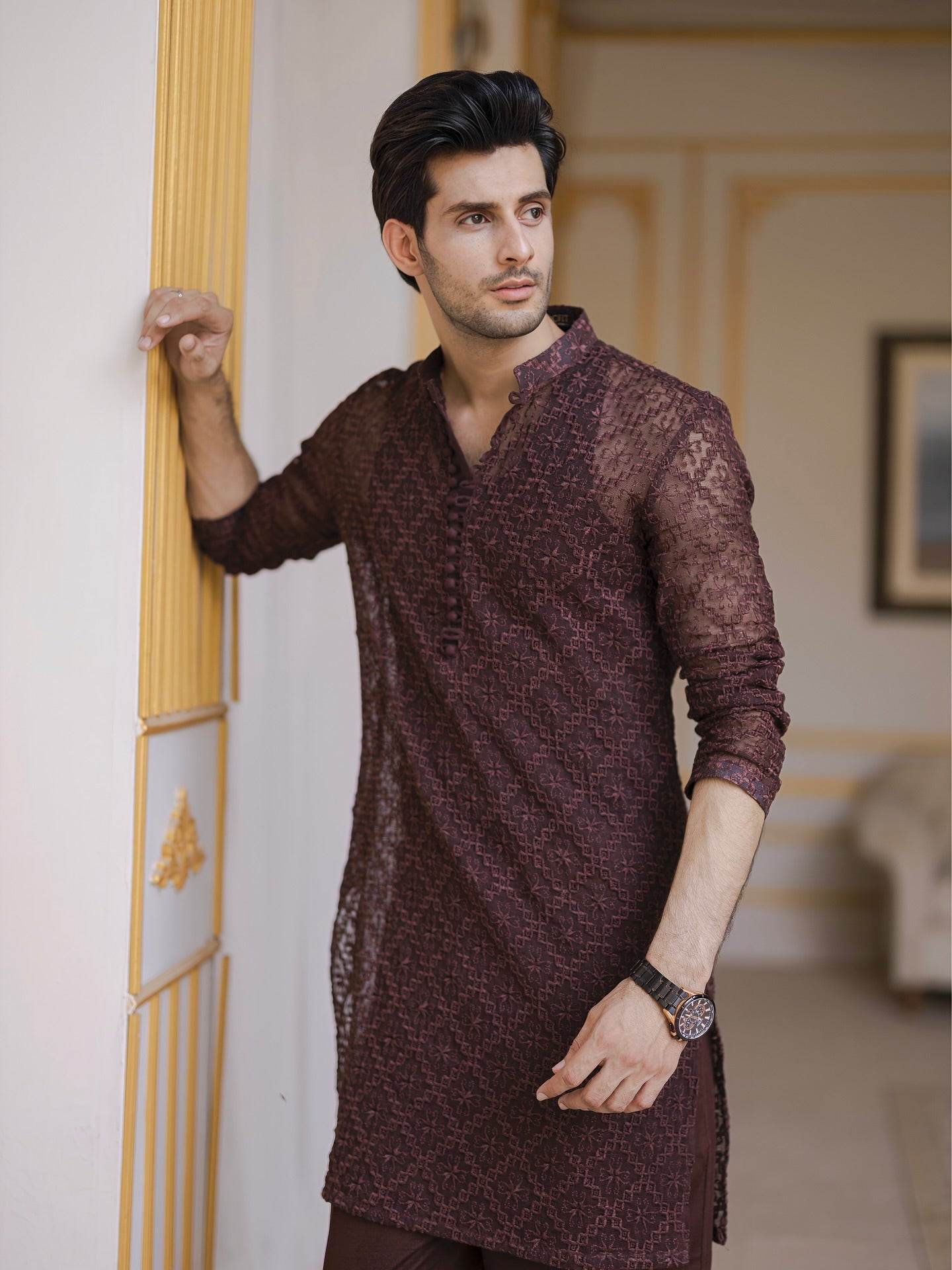 Brown Embroidered Kurta Pajama