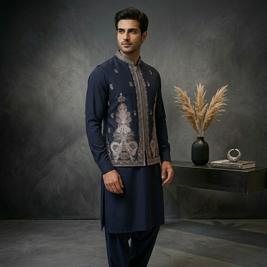 Blue Jamawar Waistcoat