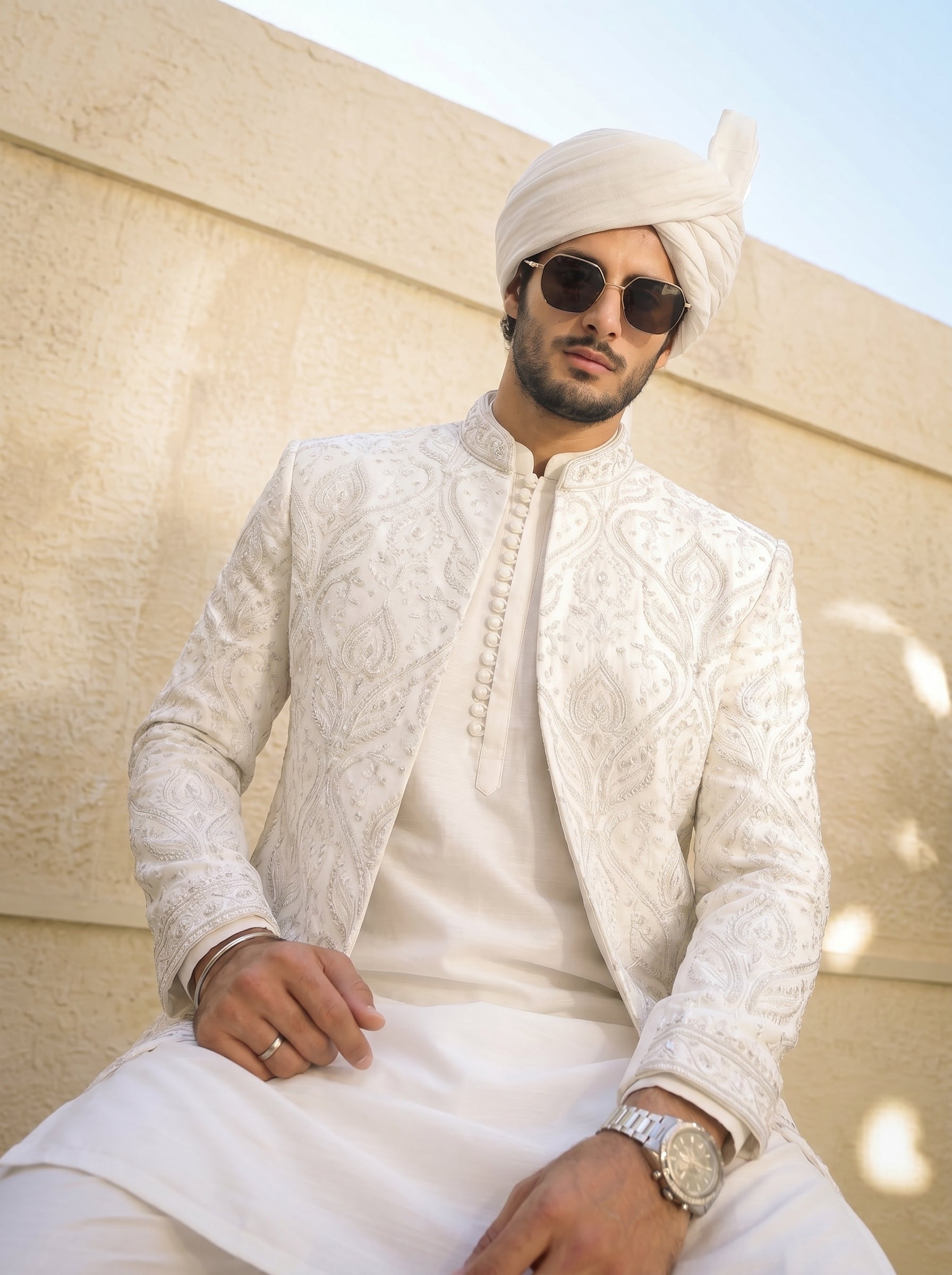 White Embellished Sherwani with Regal Turban