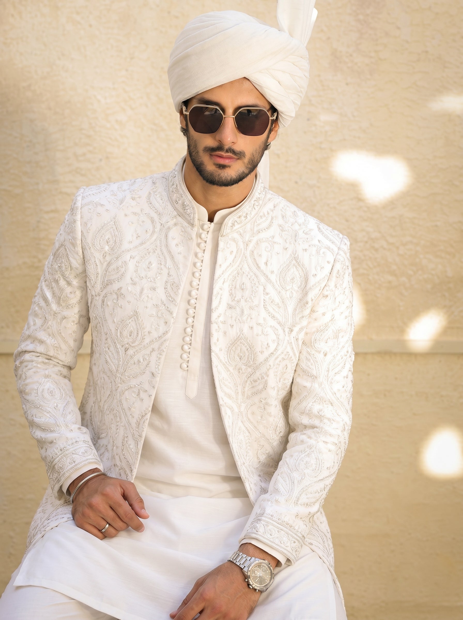 White Embellished Sherwani with Regal Turban
