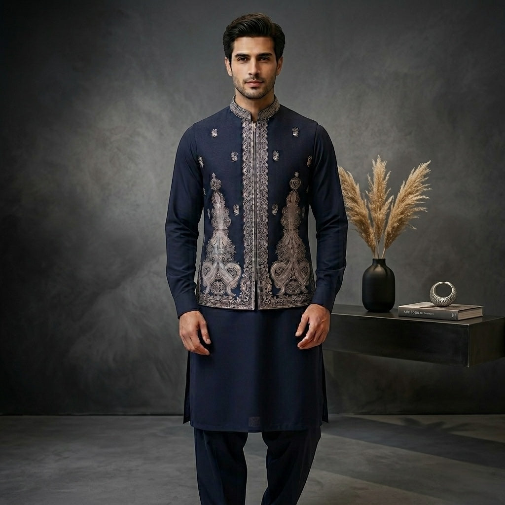 Blue Jamawar Waistcoat